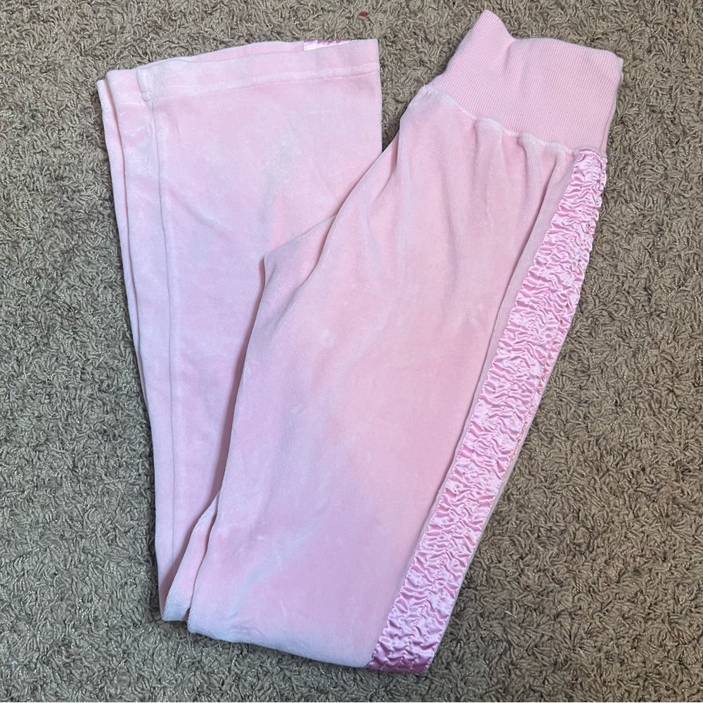Pink Velour Track Pants with Ruched Detail